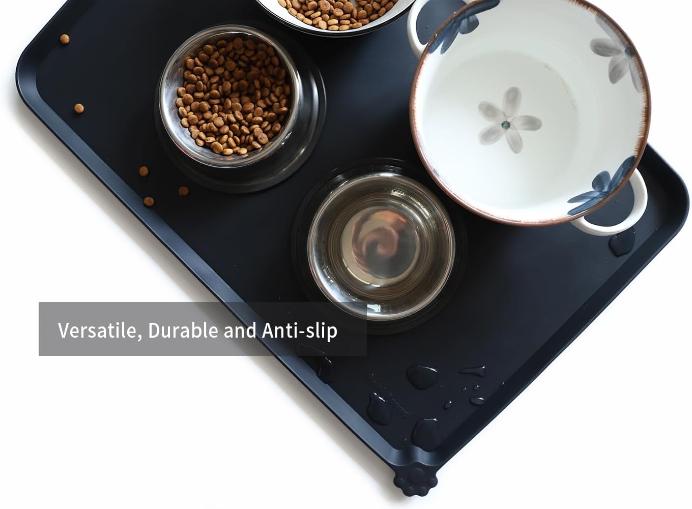 Hoki Found Large Silicone Pet Food Mats Tray - Non Slip Dog Cat Bowl Mats Placemat - Pet Feeding Mat - Pet Water Mats for Floors- Waterproof Dog Cat Food Mats - Black - Pet Explorer