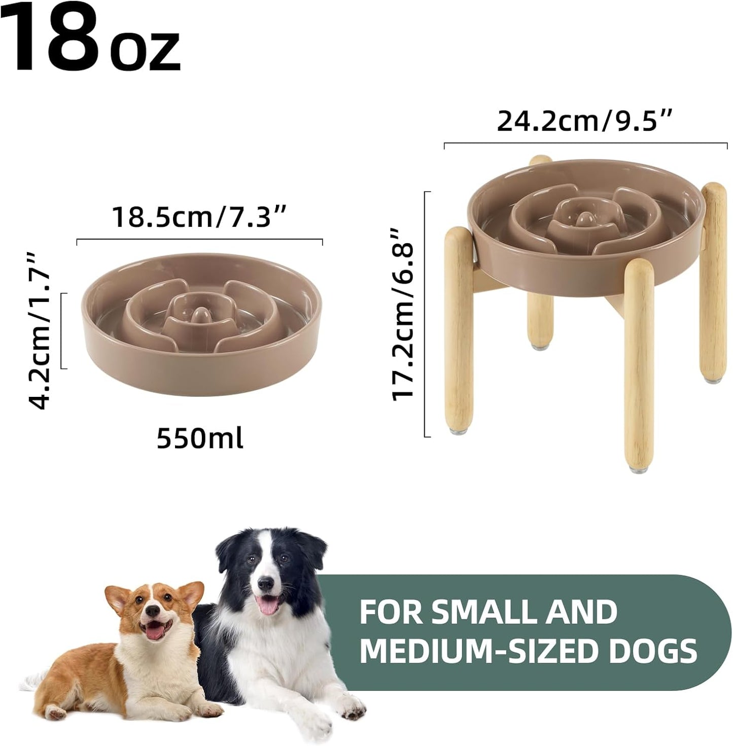 7.3inch Ceramic Raised Slow Feeder Dog Bowl Set, Elevated Wooden Stand for Medium and Small Dog, Puzzle Slow Food Dish, Preventing Choking(Brown Coffee, Single Bowl+ Stand) - Pet Explorer