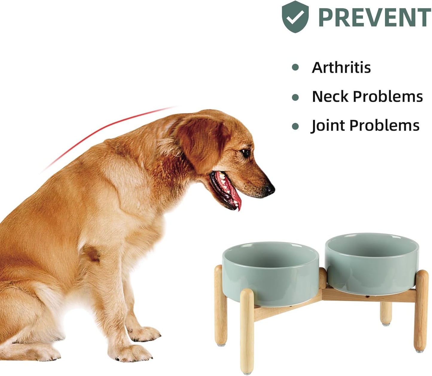 Ceramic 7.3inch Raised Double Bowls Set with Wooden Stand, Food & Water Bowls for Medium Breed Dogs, Weighted Dog Dishes, Pet Feeder(Light Green) - Pet Explorer