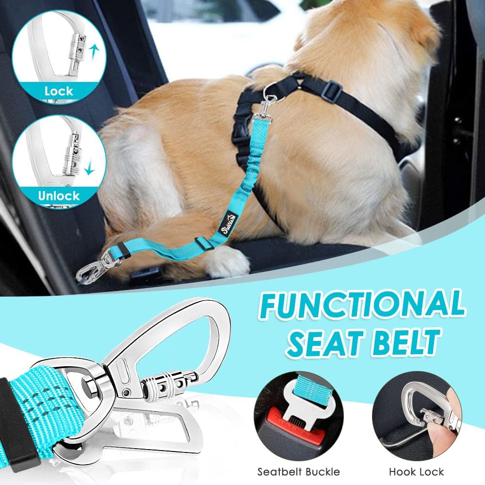 Lukovee Dog Seat Belt for Car, Adjustable Dog Car Harness for Large Medium Small Dogs, Soft Padded & Breathable Mesh Dog Seatbelt with Car Strap and Carabiner(Light Blue Double Clip,XX-Small) - Pet Explorer