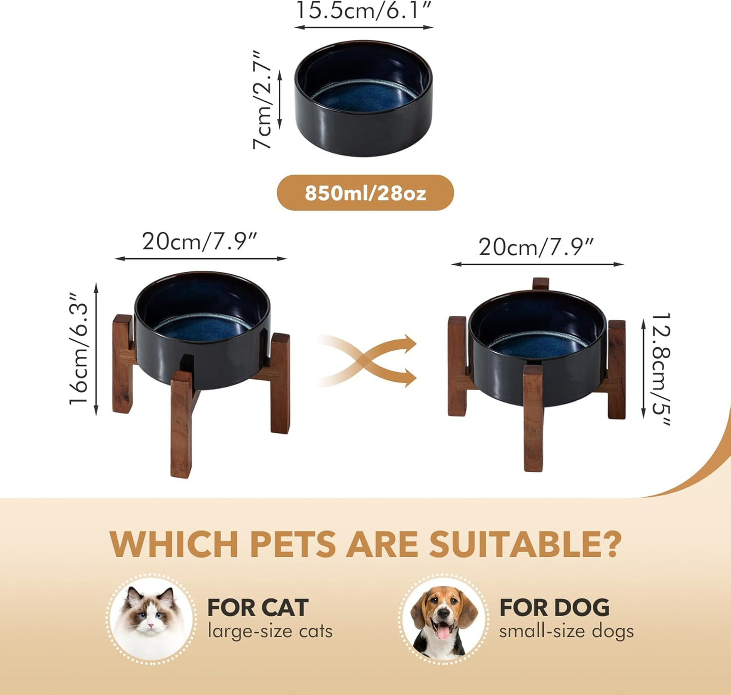 Ceramic 6.1inch Raised Dog and Cat Bowl Set, 2 Heights Elevated Wooden Stand for Small Breed Dogs, Weighted Pet Food and Water Dishes(6.1'',28.7oz, Starry Sky) - Pet Explorer