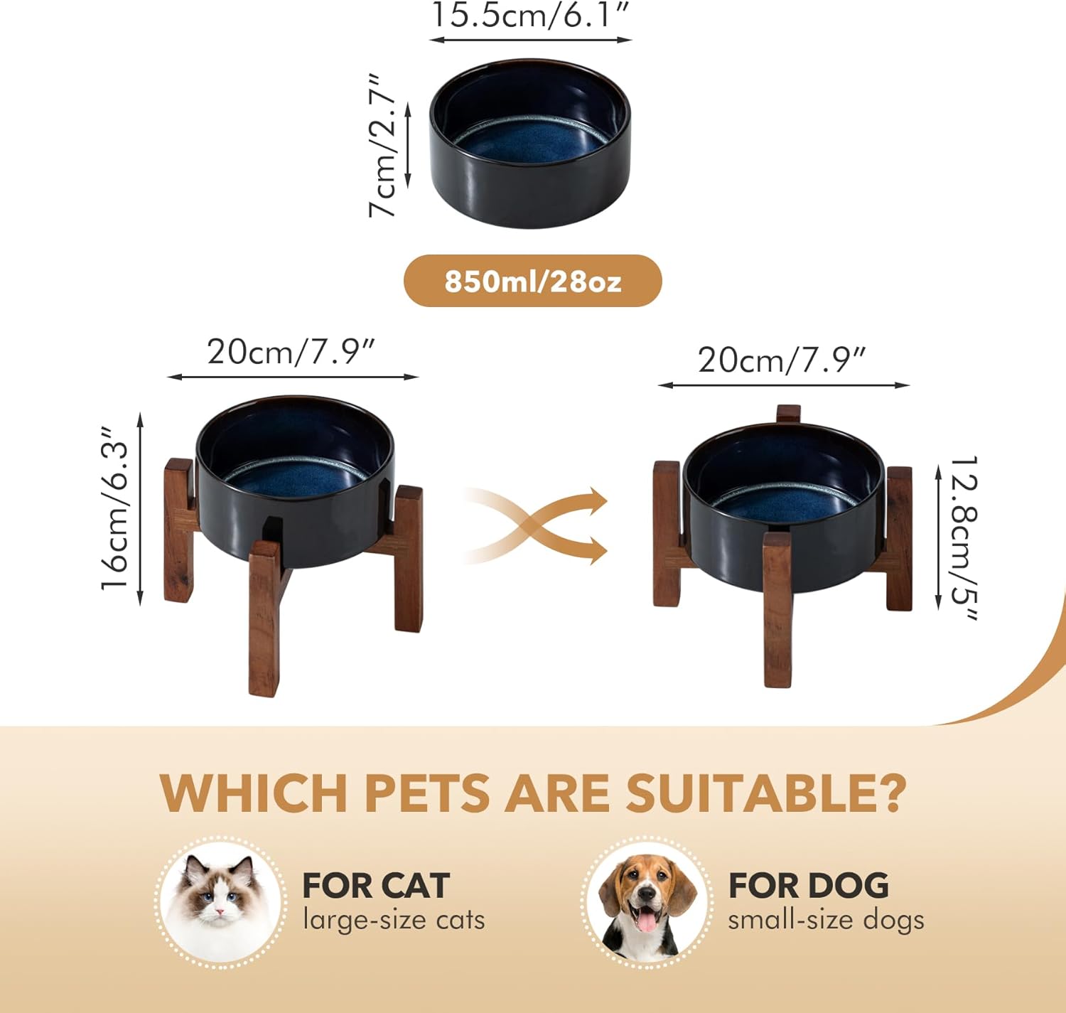 Ceramic 6.1inch Raised Dog and Cat Bowl Set, 2 Heights Elevated Wooden Stand for Small Breed Dogs, Weighted Pet Food and Water Dishes(6.1'',28.7oz, Starry Sky) - Pet Explorer