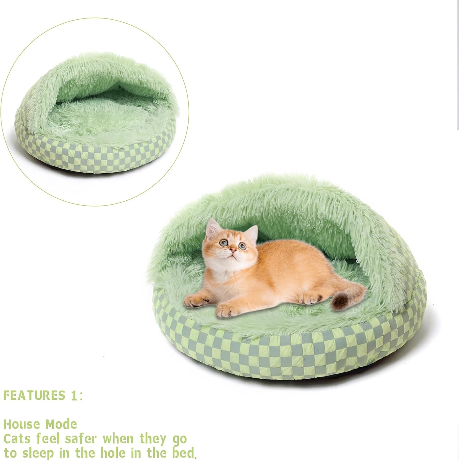 Cat Bed Hooded Plush Nest with Self-Warming Cozy Cave, Calming Anti-Anxiety Pet Bed for Indoor Cats & Small Dogs, Removable Washable Cover & Waterproof Bottom - Green - Pet Explorer