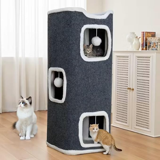LOVEWE Modern Cat Tower, 4-Level Indoor Cat Tree Furniture with Hanging Toys, Plush Beds, Deep Gray with White Trim, Foldable Design