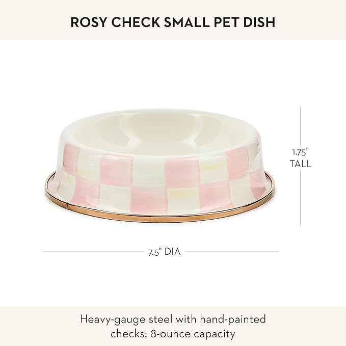 MACKENZIE-CHILDS Enamel Pet Bowl, Cute Cat and Dog Bowl for Food and Water, Small, Pink-and-White Rosy Check