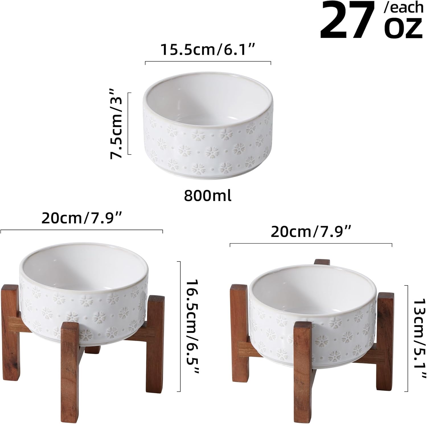 Ceramic 6.1inch Raised Dog and Cat Bowl Set, 2 Heights Elevated with Acacia Wood Stand, Food and Water Bowl for Small Breed Dogs, Weighted Dog Dishes(27oz, Arctic White) - Pet Explorer
