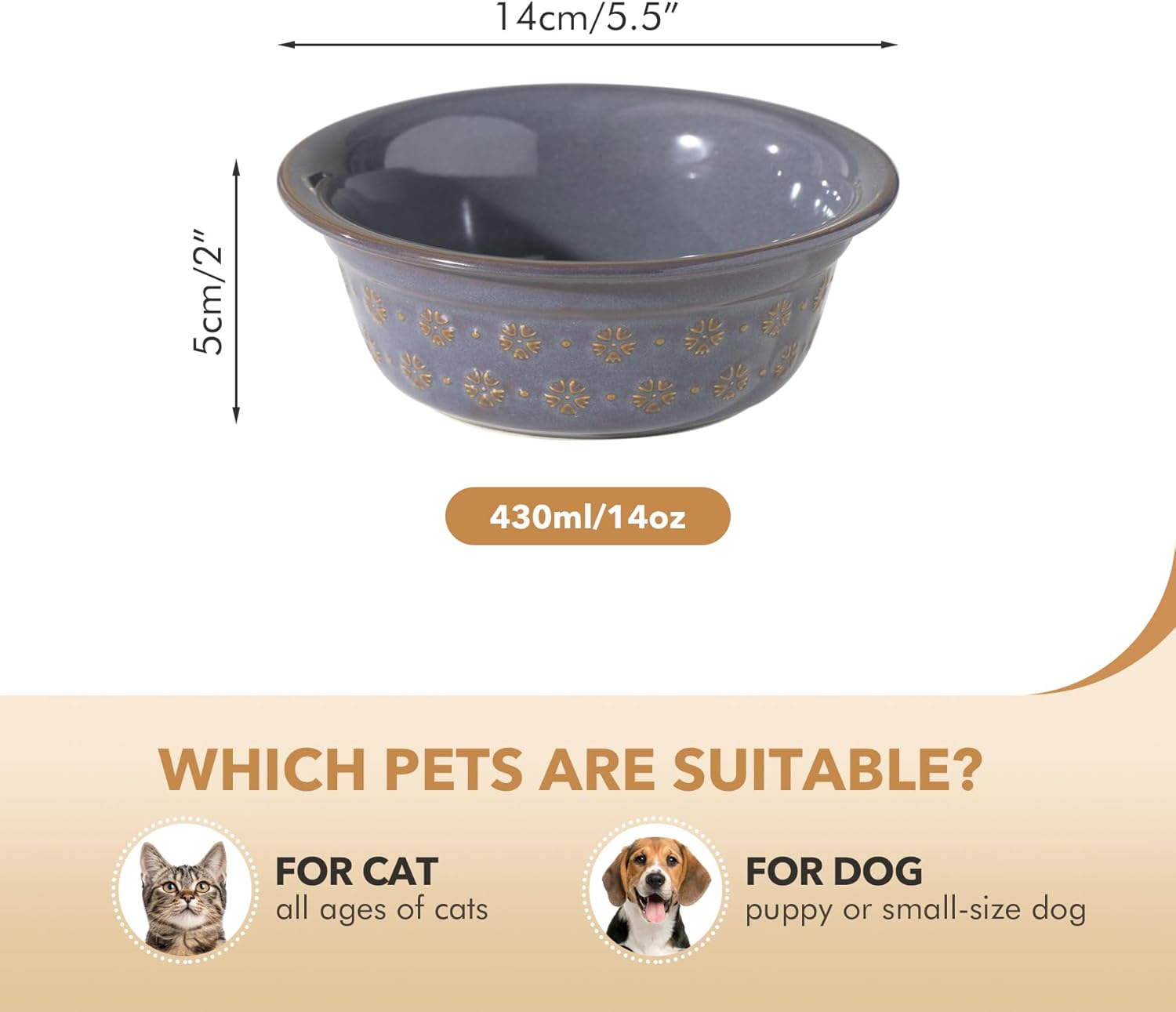 5.5inch Ceramic Set of 2 Dog and Cat Bowls, 2pcs Basic Food and Water Dishes for Puppy, Kitty, Wide Opening Rounded Edge (2 Bowls, Reactived Glaze -Grey) - Pet Explorer