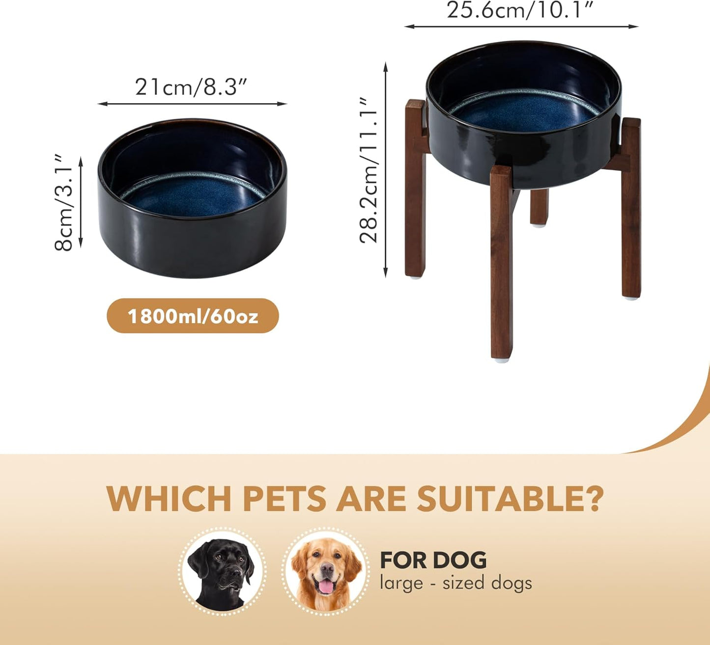 Ceramic 8.2inch Raised Dog Bowl Set, Elevated with Acacia Wood Stand, Food and Water Bowl for Large Breed Dogs, Weighted Pet Dishes(60oz, Starry Sky) - Pet Explorer
