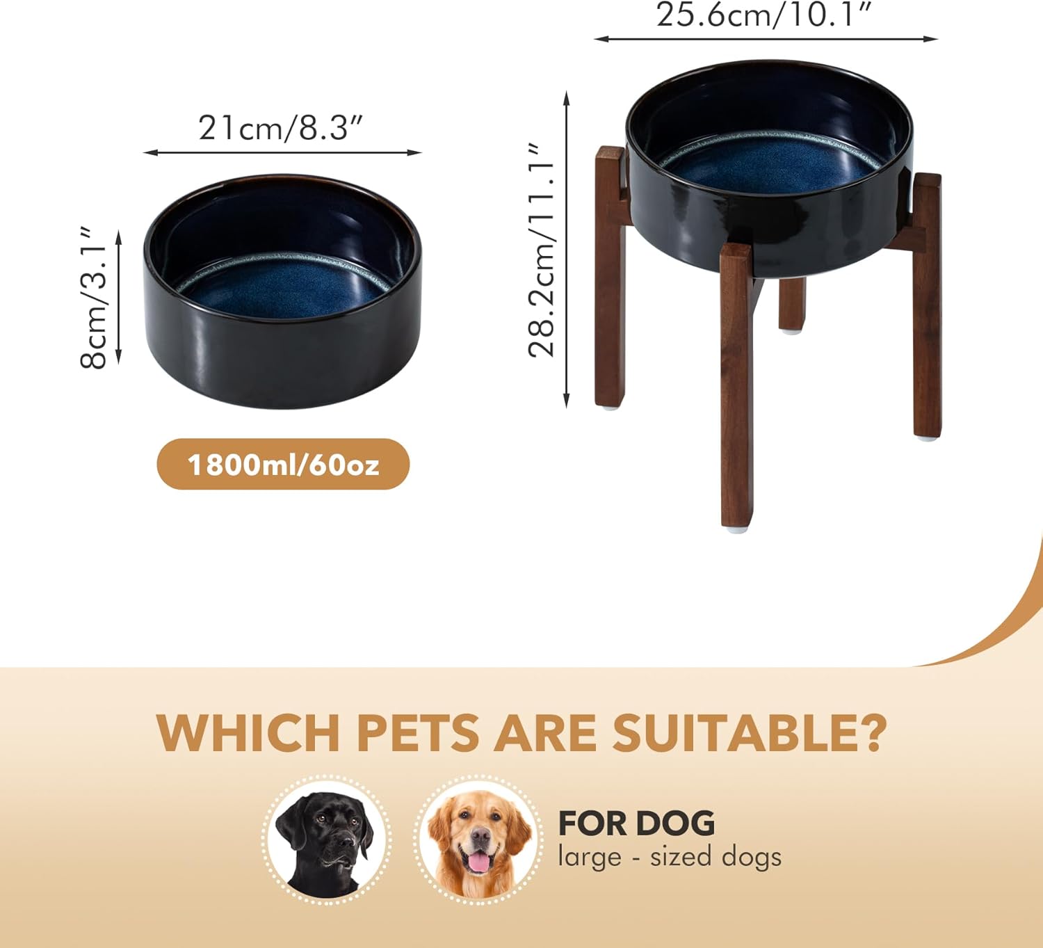 Ceramic 8.2inch Raised Dog Bowl Set, Elevated with Acacia Wood Stand, Food and Water Bowl for Large Breed Dogs, Weighted Pet Dishes(60oz, Starry Sky) - Pet Explorer