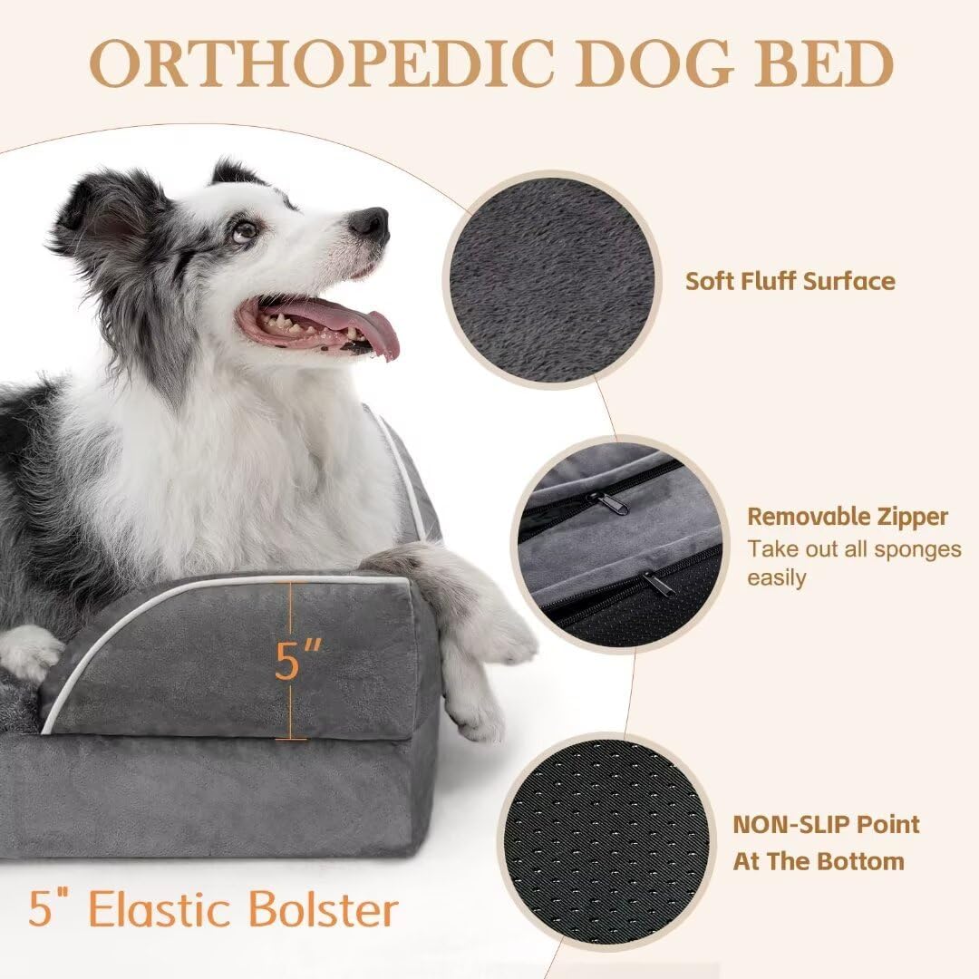 Comfort Expression XL Dog Bed with Bolster, Waterproof Orthopedic Foam Dog Beds for Extra Large Dogs, Washable Dogs Sofa Pet Bed with Removable Cover & Non-Slip Bottom(X-Large,Dark Grey) - Pet Explorer