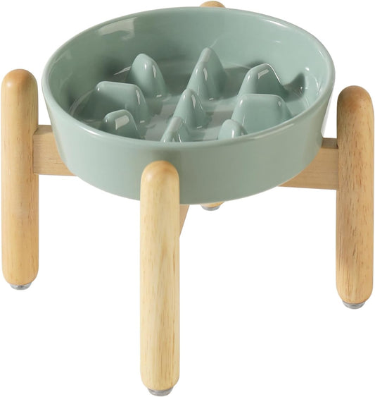 7.3inch Ceramic Dog Raised Slow Feeder Set, Elevated Bowl with Wooden Stand for Medium and Small Dog, Slow Feeder Dish for Fast Easters(Light Green, Single Bowl+ Stand) - Pet Explorer