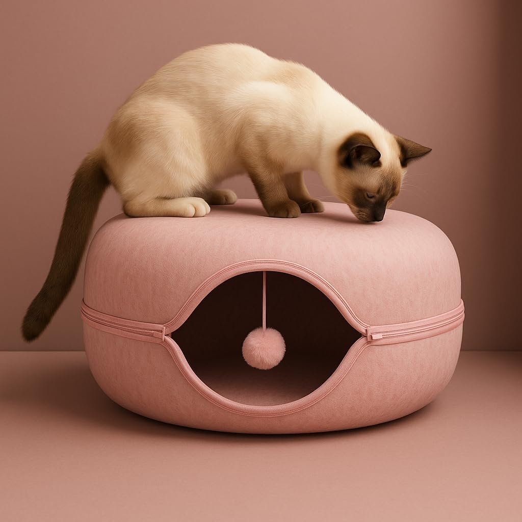 Okoco Cat Tunnel Bed for Indoor Cats Large, 24" Peekaboo Cat Cave Donut Bed for Pets up to 45lbs, 2-in-1 Round Tube with Hanging Ball Toy & Removable Machine Washable Parts (Pink) - Pet Explorer
