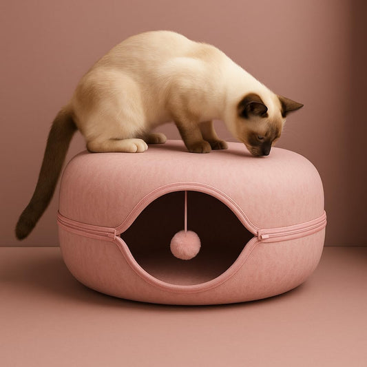 Okoco Cat Tunnel Bed for Indoor Cats Large, 24" Peekaboo Cat Cave Donut Bed for Pets up to 45lbs, 2-in-1 Round Tube with Hanging Ball Toy & Removable Machine Washable Parts (Pink) - Pet Explorer