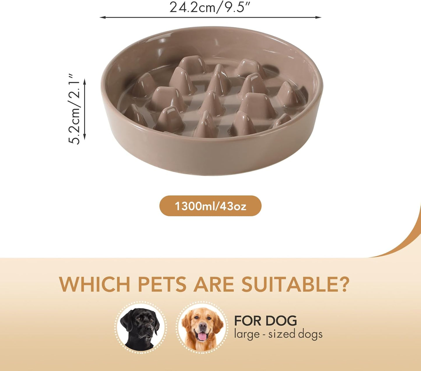 Ceramic 9.5 inch Dog Bowl Slow Feeder, Slow Pet Food Dish for Large Dog, Stop Bloat, Preventing Choking(Single Bowl, Brown Coffee) - Pet Explorer
