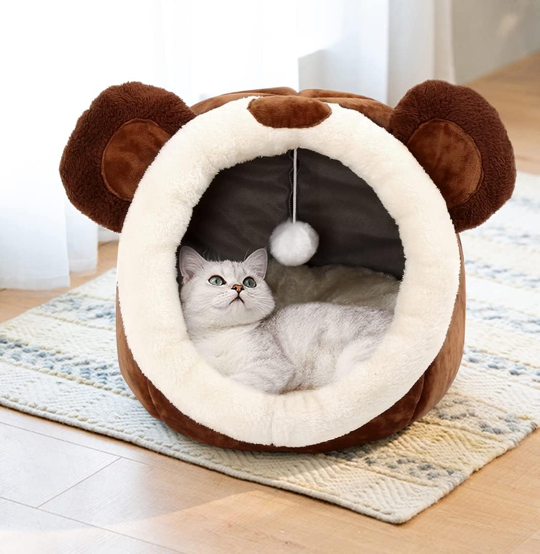 Cat Beds for Indoor Cats - Cat Bed Cave with Removable Washable Cushioned Pillow, Soft Plush Premium Cotton No Deformation Pet Bed, Roomy Bear Cat House Design, Multiple Sizes-L - Pet Explorer