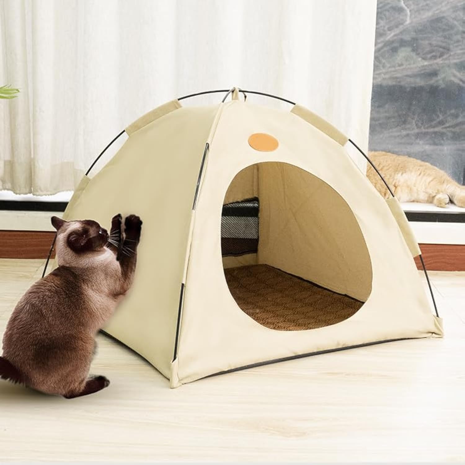 BreezyDen Pop-Up Pet Tent – Portable Indoor/Outdoor Cat Tent, Waterproof Pet Hideaway for Cats & Small Dogs with Mesh Window, Anti-Slip Base & Washable Design (Coffee, L (15 catties Kitten)) - Pet Explorer