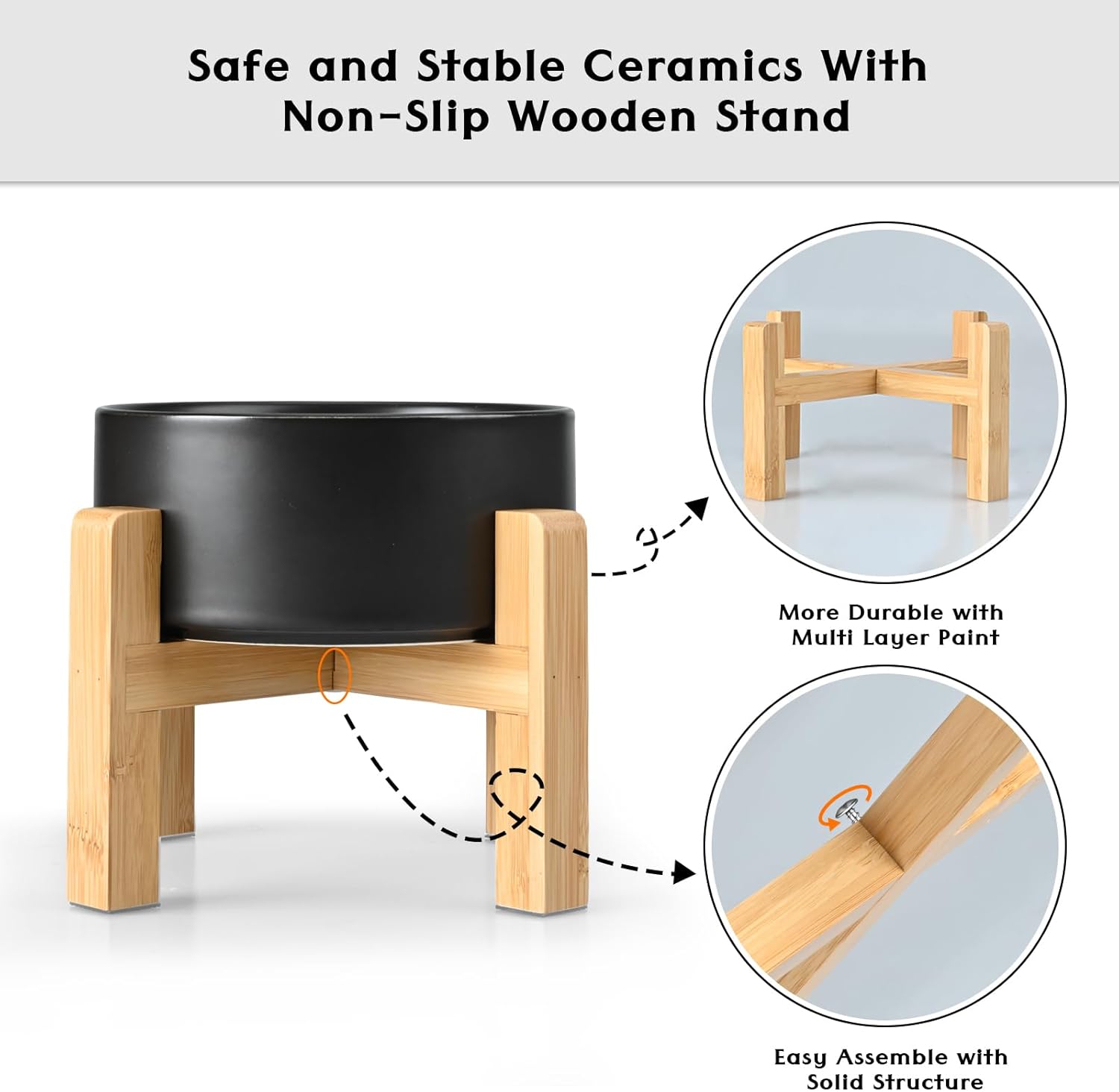 SPUNKYJUNKY Ceramic Elevated Dog Bowls 2 Pack - 6.1inch Raised Dog Bowls with Non-Slip Wooden Stand for Medium Dogs Dishwasher Safe(Black,28.7OZ*2) - Pet Explorer