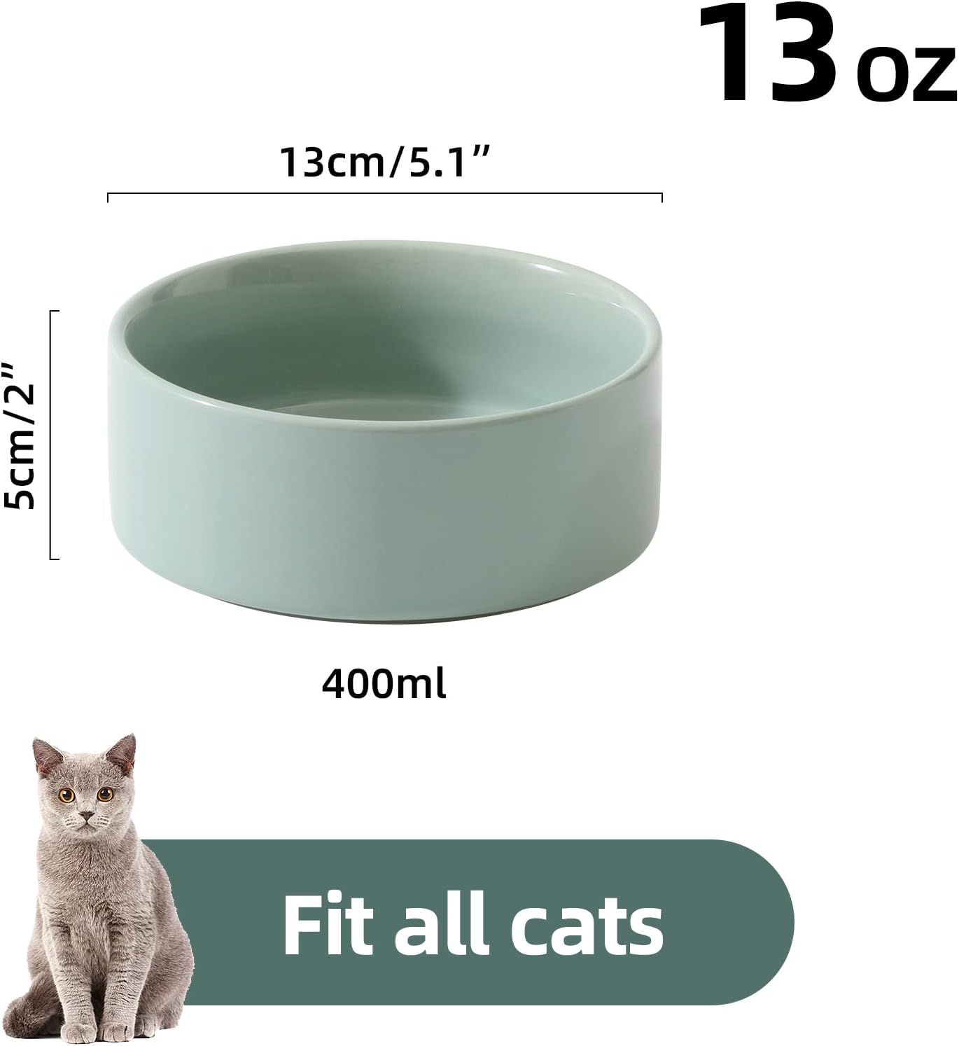 Ceramic 5.1inch Set of 2 Dog and Cat Bowls, 2pcs Anti-Slip Food and Water Feeder Dishes for Puppies, Kitties, Cats(2 Bowls, Light Green) - Pet Explorer