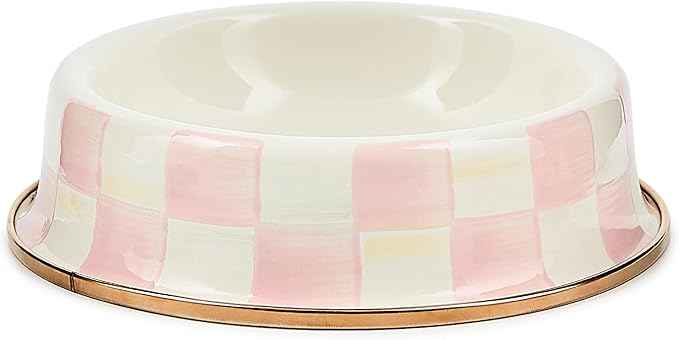 MACKENZIE-CHILDS Enamel Pet Bowl, Cute Cat and Dog Bowl for Food and Water, Small, Pink-and-White Rosy Check