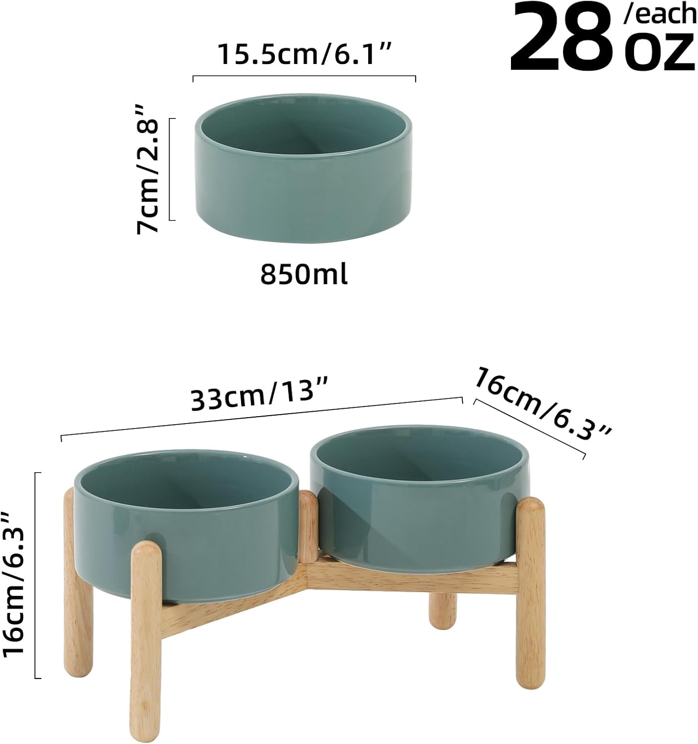 Ceramic 6.1inch Raised Dog Bowl with Stand for Small and Medium Breed Dog Dish Pet Food and Water Bowl (Double Bowl with Stand - Dark Green, 28oz) - Pet Explorer