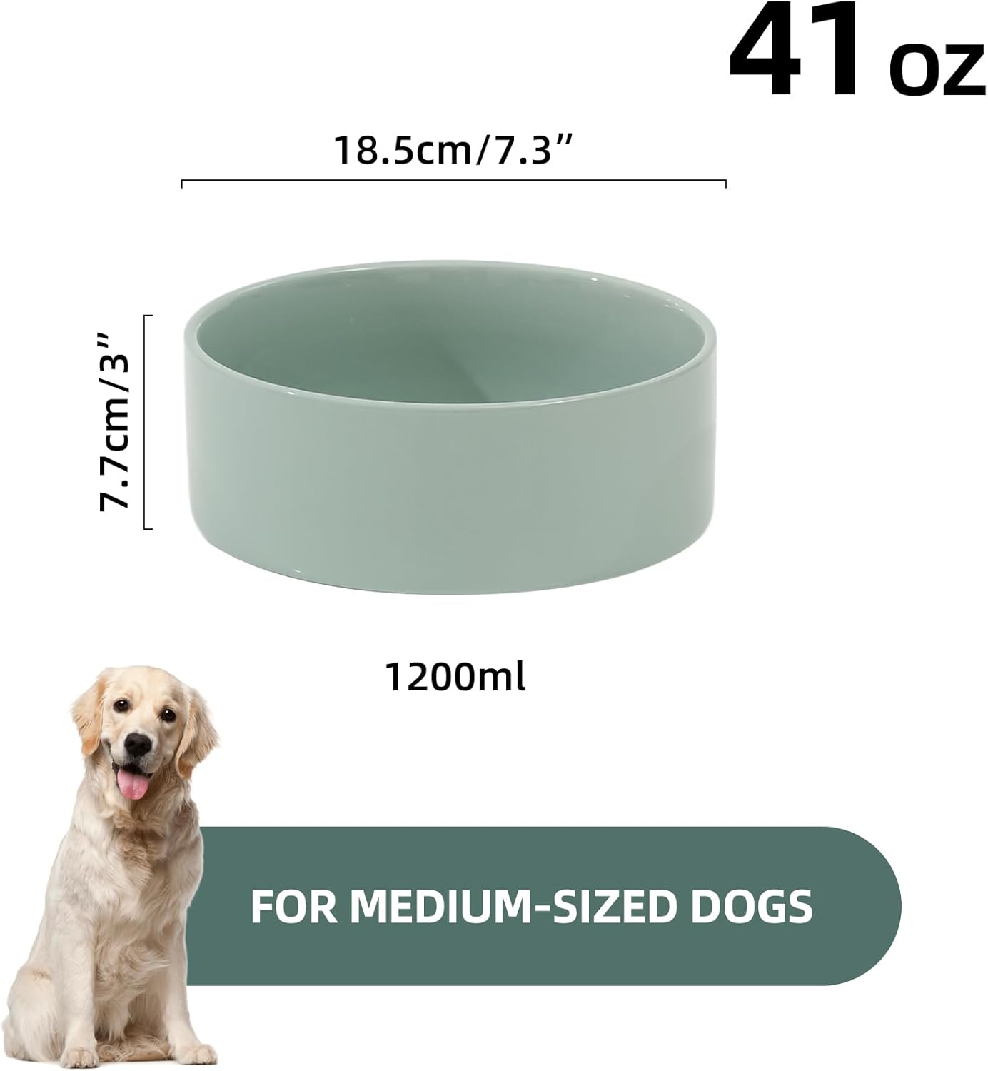 Ceramic 7.3inch Dog Bowl, Food and Water Bowl for Medium Breed Dog, Pet Feeder for Replacement (Single Bowl, Light Green) - Pet Explorer