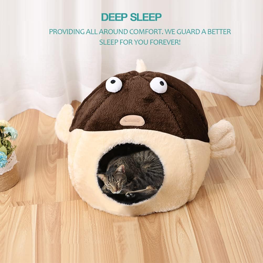 Cat Beds for Indoor Cats - Cat Bed Cave with Removable Washable Cushioned Pillow, Soft Plush Premium Cotton No Deformation Pet Bed, Lively Pufferfish Cat House Design, Brown, Multiple Sizes(L) - Pet Explorer
