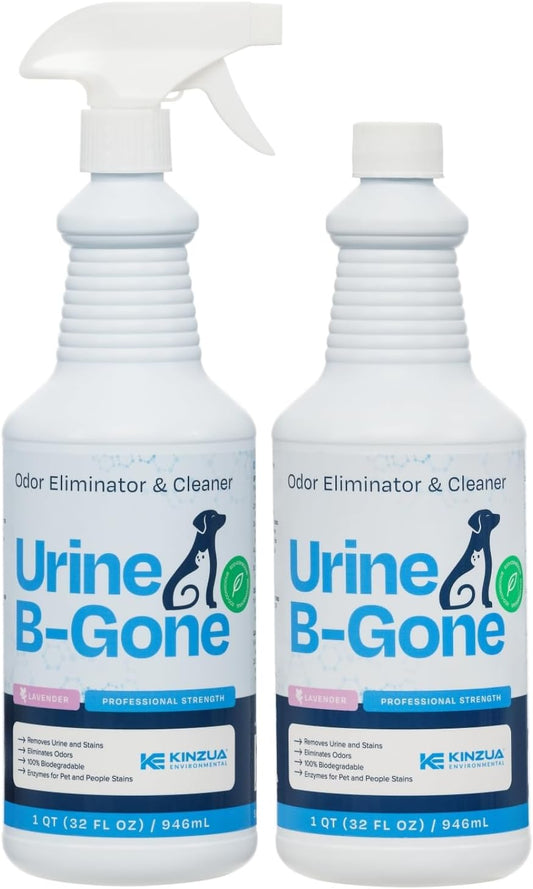 KINZUA ENVIRONMENTAL Urine B-Gone, Professional Enzyme Odor Eliminator & Pet Stain Remover, Human, Cat & Dog Urine Cleaner, Effective on Laundry, Carpets & More, Lavender Scent, 32oz, Pack of Two - Pet Explorer