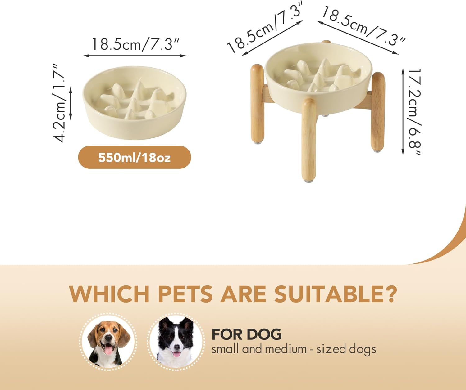 7.3inch Ceramic Dog Raised Slow Feeder Set, Elevated Bowl with Wooden Stand for Medium and Small Dog, Slow Feeder Dish for Fast Easters, Preventing Choking(Beige, Single Bowl+ Stand) - Pet Explorer