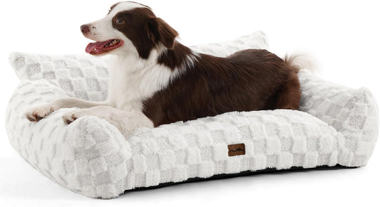 Made4Pets Dog Couch Bed, Soft Faux Fur Checkered Pet Sofa, Comfortable Fluffy Dog Sofa with Supportive Foam, Removable Washable Cover with Non-Slip Base, White, Large - Pet Explorer
