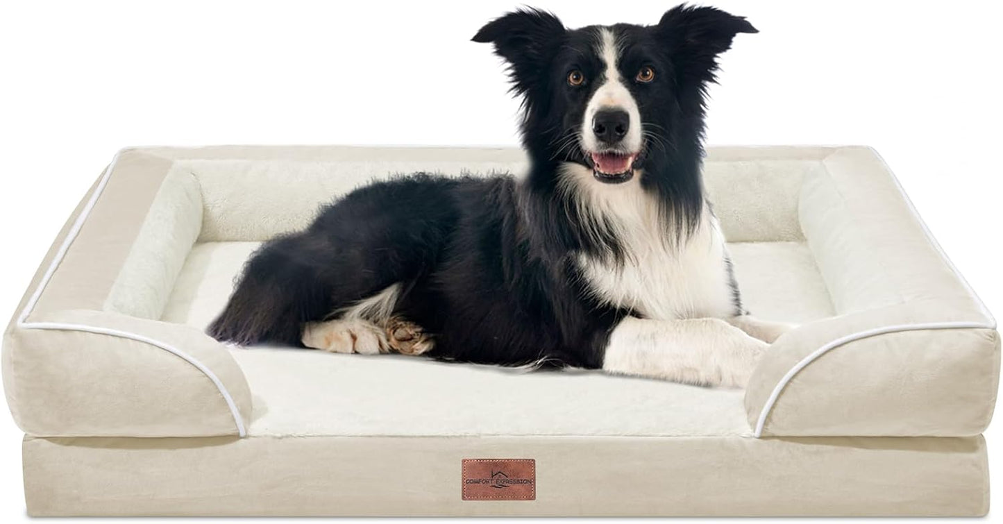Comfort Expression Waterproof Dog Beds for Large Breed Dogs, Large Dog Beds Orthopedic Foam, Comfy Pet Bed Sofa with Washable Removable Cover & Non-Slip Bottom(Beige) - Pet Explorer
