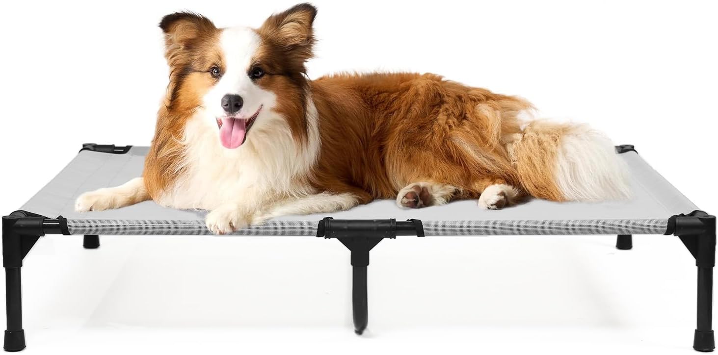 Elevated Dog Cots Beds for Large Dogs, Raised Outdoor Dog Bed with Frame, Lifted Pet Hammock Beds with Breathable Mesh, Non Slip, Easy to Clean, Grey - Pet Explorer