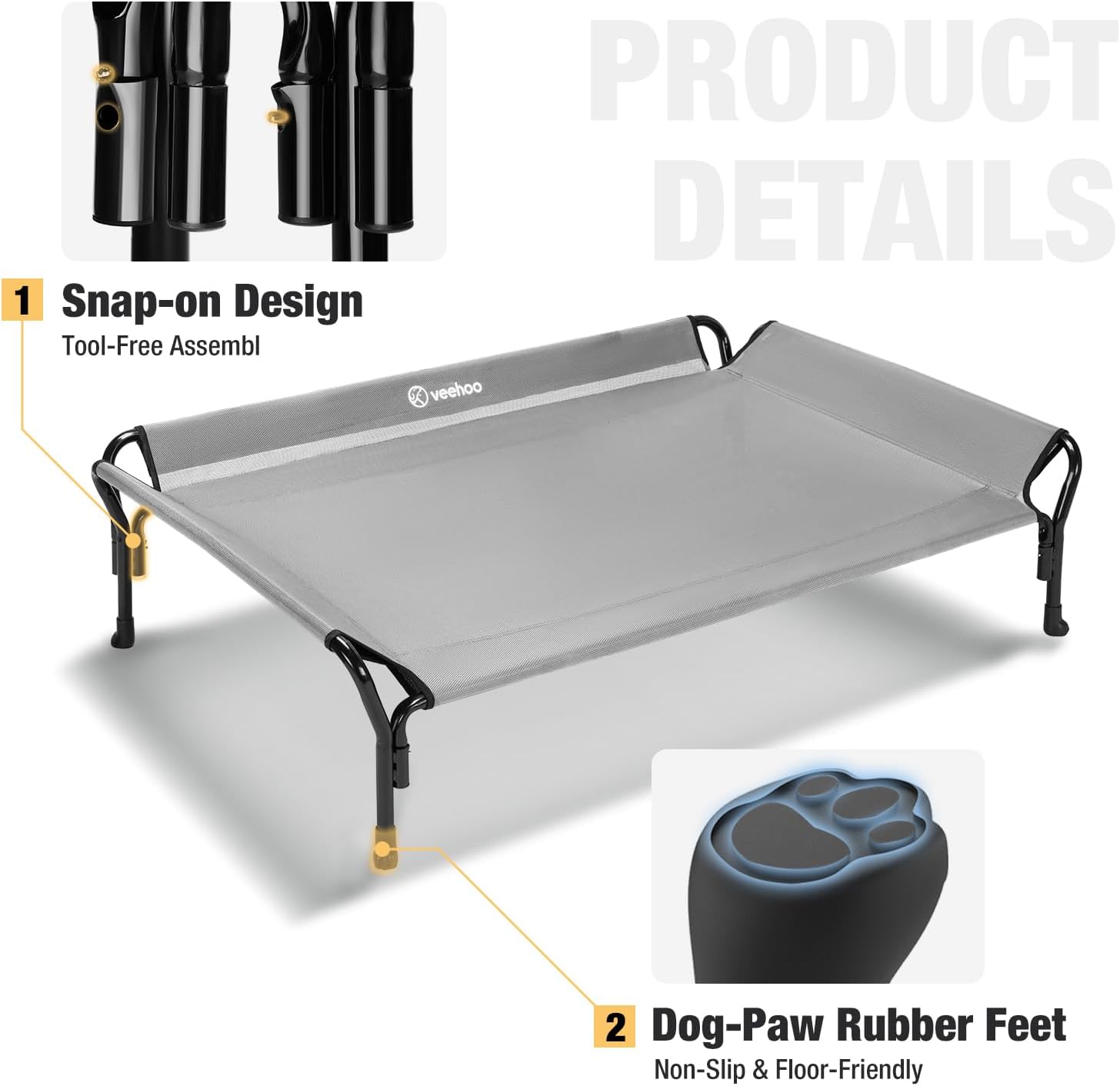 Veehoo Cooling Elevated Dog Bed, Raised Pet Cot with Guardrail & Slope Headrest, Durable Breathable Teslin Mesh, Non-Slip Feet, Washable Dog Couch Bed for Indoor & Outdoor, Medium 39.5" x 28", Gray - Pet Explorer