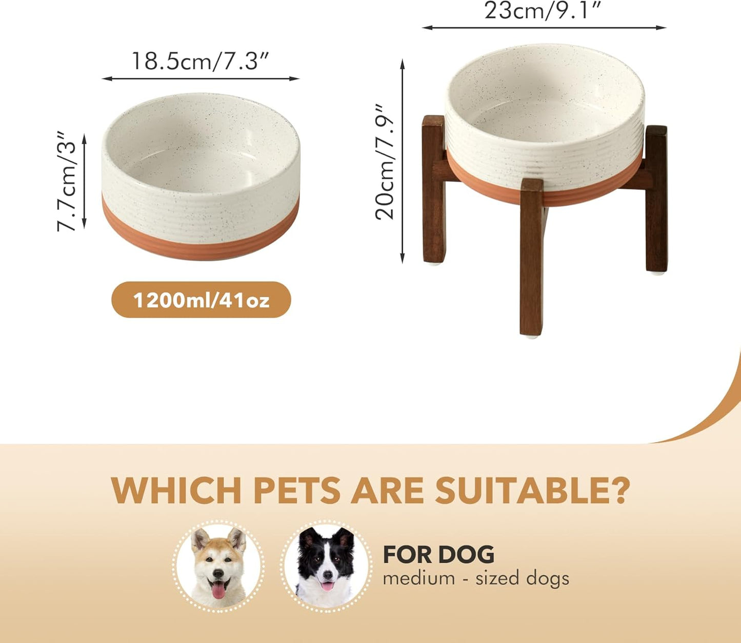 Ceramic 7.3inch Raised Dog Bowl Set, Elevated with Acacia Wood Stand, Food and Water Bowl for Medium Breed Dogs, Weighted Pet Dishes(41oz, Vanilla White) - Pet Explorer