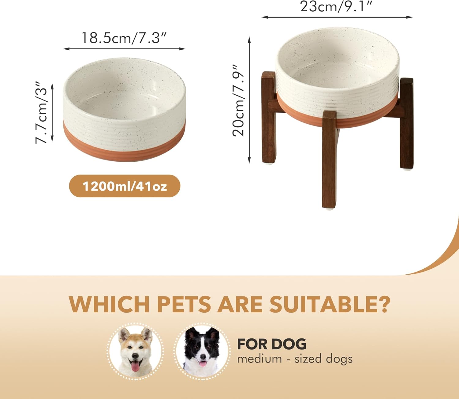 Ceramic 7.3inch Raised Dog Bowl Set, Elevated with Acacia Wood Stand, Food and Water Bowl for Medium Breed Dogs, Weighted Pet Dishes(41oz, Vanilla White) - Pet Explorer