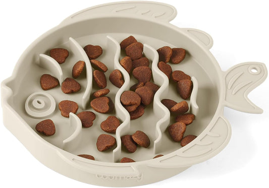 Coomazy 2-in-1 Silicone Slow Feeder Dog Cat Bowls, Lick Mat Interactive Puzzle Toy for Pets Food Training, Keeps Dogs Cats Busy, Prevents Puppy Kitty Overeating (Beige, 1.2 Cup)