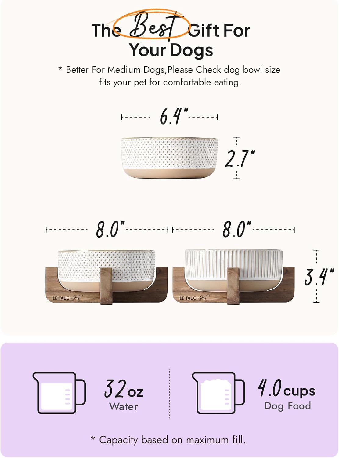 Ceramic Dog Bowls for Medium Small Dogs - 4 Cup Medium Dog Food and Water Bowls with Wood Stand, Cute Pet Dishes Set of 2, Lines+Dot - Pet Explorer