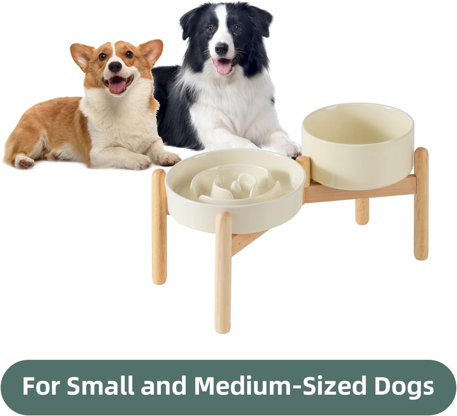 Ceramic Raised Slow Feeder Dog Bowl Set, Elevated 6.1inch Bowl and 7.3inch Puzzle Slow Food Dish with Wooden Stand for Small and Medium Dog, Anti-Gulping (2X Beige+ Stand) - Pet Explorer