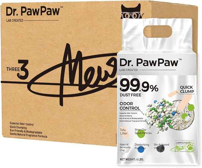 Tofu Cat Litter, Dr. PawPaw Clumping Cat Litter, Green Tea Scent 18 lb (3 x 6 lb Bags), Dust-Free Keep Kitty Tidy, Superior Odor Control Keep Step Fresh