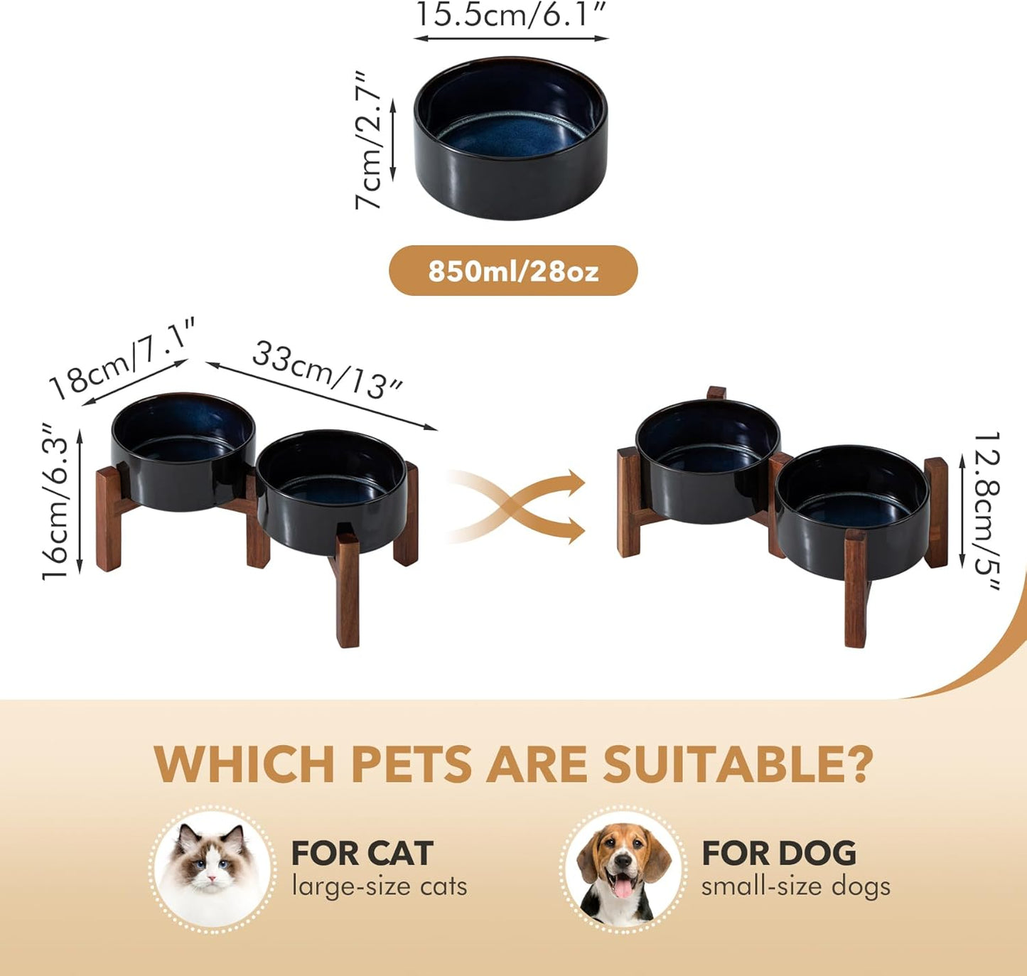 Ceramic 6.1inch Raised Double Dog Bowls Set with Acacia Wood Stand, 2 Heights Elevated, Food & Water Bowls for Small Dogs(28.2oz, Starry Sky) - Pet Explorer