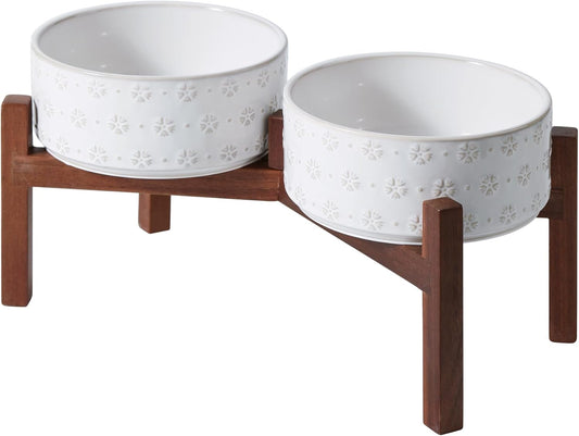 7.3inch Ceramic Raised Double Bowls Set with Acacia Wood Stand, Food & Water Bowls for Medium Breed Dogs, Weighted Dog Dishes, Pet Bowl(41OZ, Arctic White) - Pet Explorer