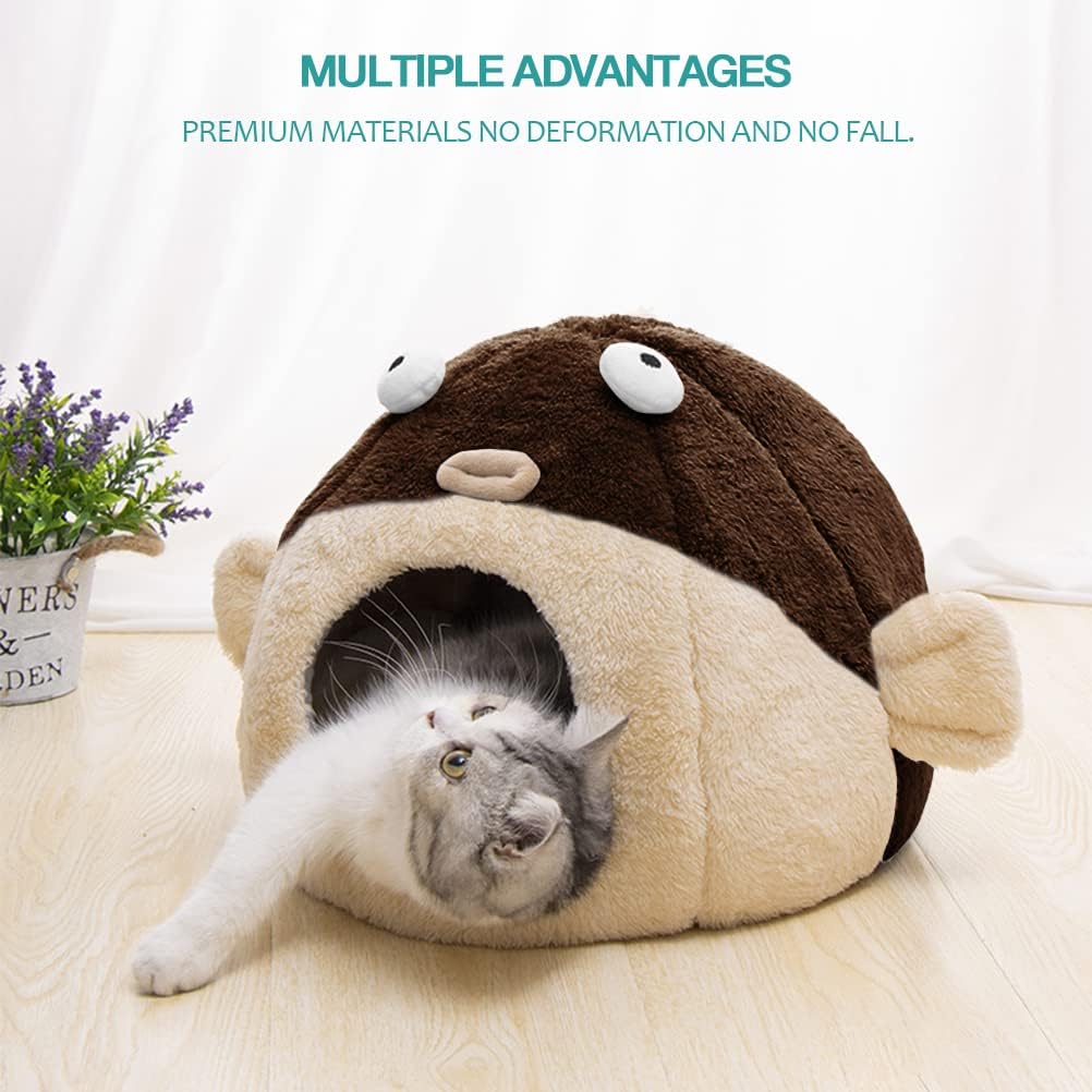 Cat Beds for Indoor Cats - Cat Bed Cave with Removable Washable Cushioned Pillow, Soft Plush Premium Cotton No Deformation Pet Bed, Lively Pufferfish Cat House Design, Brown, Multiple Sizes(L) - Pet Explorer
