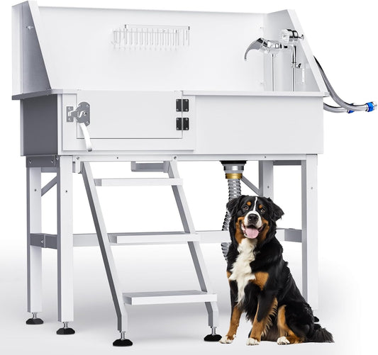 Dog Washing Station for Home, 38" White Professional Stainless Steel Dog Grooming Tub, Height Adjustable Dog Bathing Station, Upgrade Parts, Dog Bath Tubs for Small & Medium Dogs(Left Stair) - Pet Explorer
