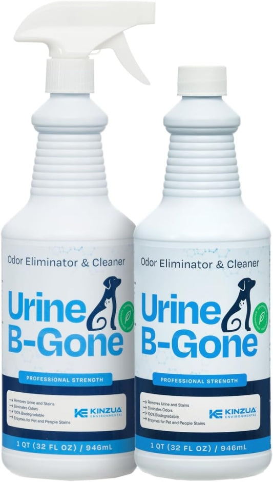KINZUA ENVIRONMENTAL Urine B-Gone, Professional Enzyme Odor Eliminator & Pet Stain Remover, Human, Cat & Dog Urine Cleaner, Effective on Laundry, Carpets & More, Original Scent, 32oz, Pack of Two - Pet Explorer