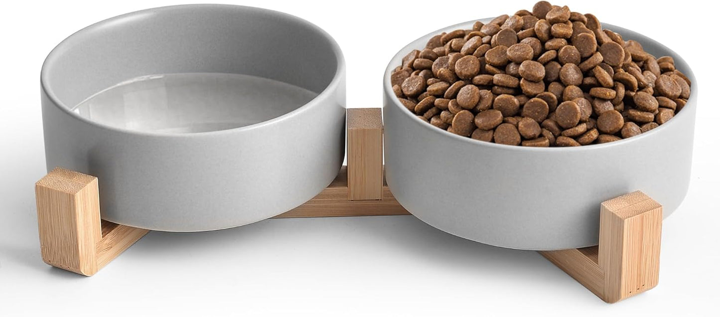 Grey Ceramic Dog & Cat Bowl Set – 13.5 OZ with Wooden Stand, Non-Slip, Elevated Design for Small Dogs & Cats – 2 Bowls (Food & Water, Ceramic Pet Bowls, Modern Dog Bowls) - Pet Explorer