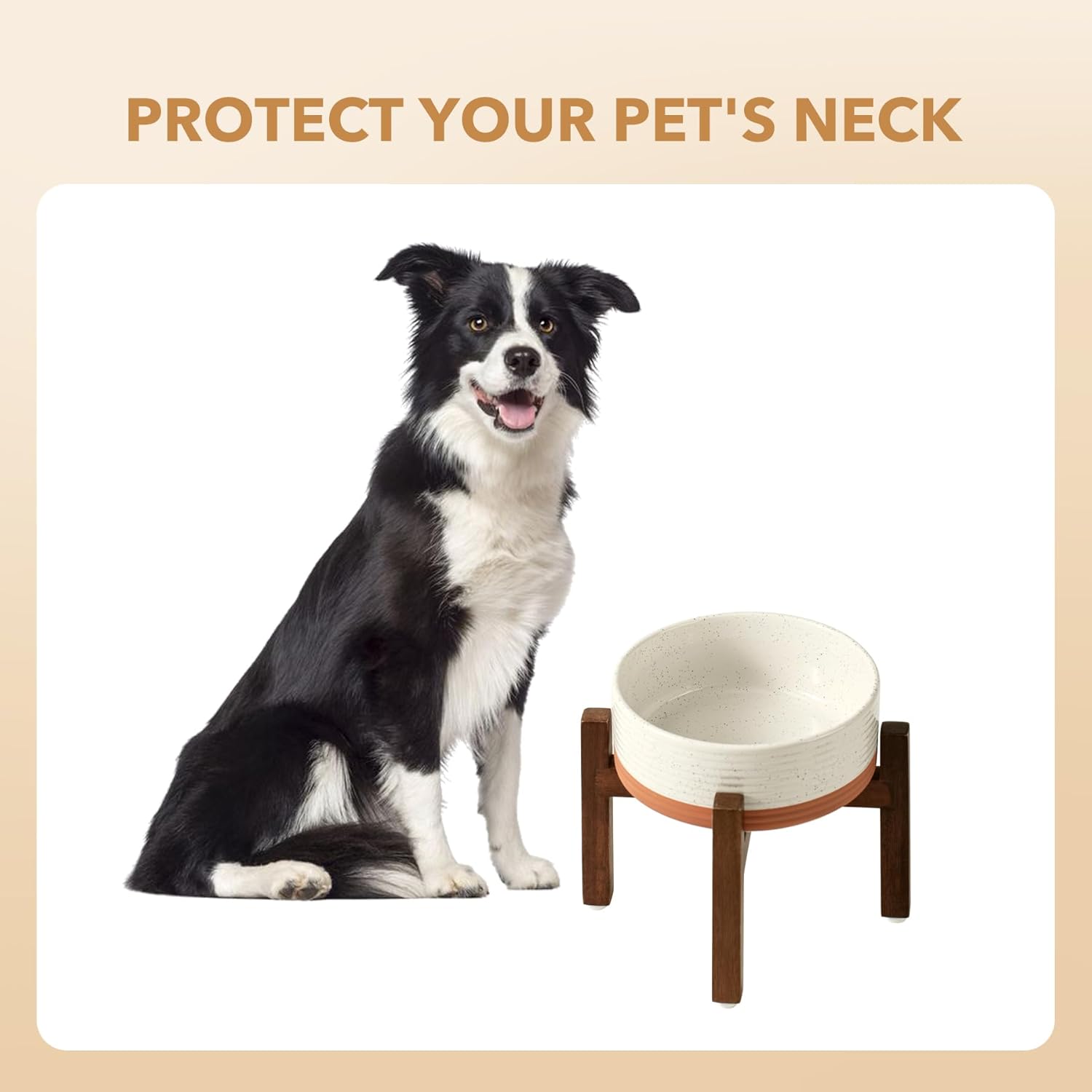 Ceramic 7.3inch Raised Dog Bowl Set, Elevated with Acacia Wood Stand, Food and Water Bowl for Medium Breed Dogs, Weighted Pet Dishes(41oz, Vanilla White) - Pet Explorer