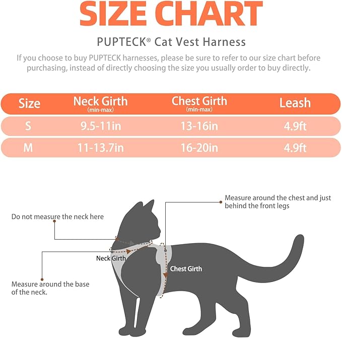 PUPTECK Cat Harness and Leash Set Escape Proof Reflective Cat Walking Harness Adjustable Soft Breathable Mesh Vest for Small Pets, Orange, M