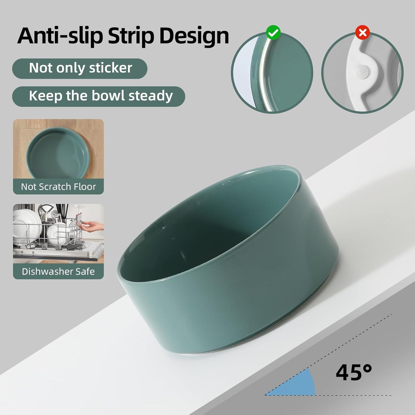 Ceramic 6.1inch Raised Dog Bowl with Stand for Small and Medium Breed Dog Dish Pet Food and Water Bowl (Double Bowl with Stand - Dark Green, 28oz) - Pet Explorer