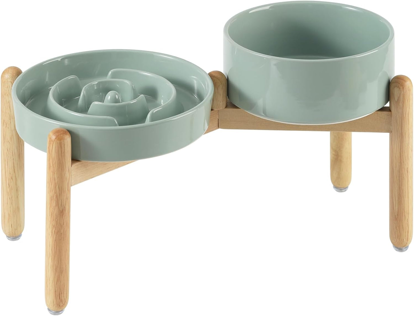 Ceramic Raised Slow Feeder Dog Bowl Set, Elevated 7.3inch Bowl and 8.2inch Puzzle Slow Dish with Wooden Stand for Medium and Large Dog, Anti-Gulping (2X Light Green+ Stand) - Pet Explorer