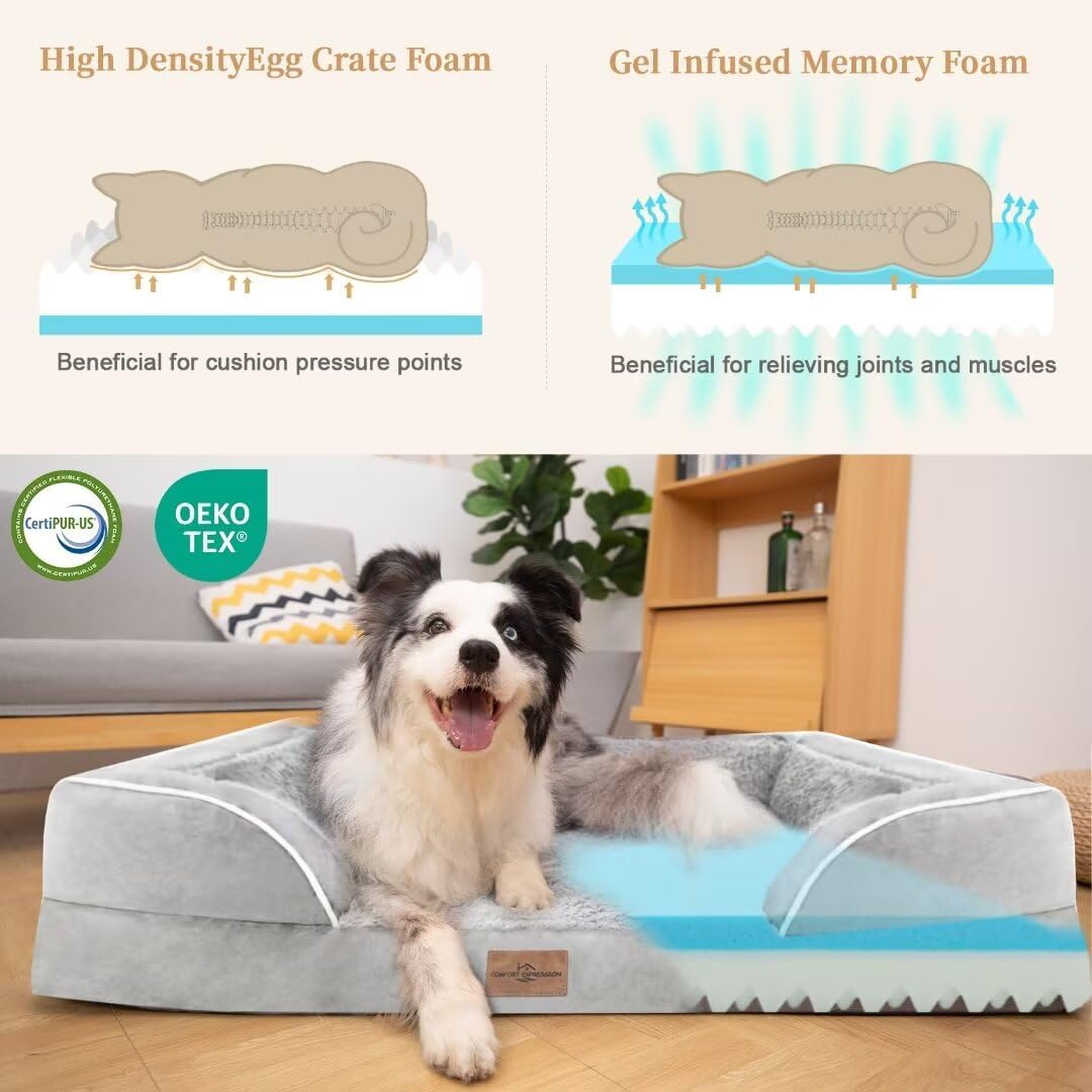 Comfort Expression Cooling Dog Bed, Orthopedic Memory Foam Dog Bed, Jumbo Beds for Extra Large Dogs, Large Breed Dogs Beds Waterproof with Bolster & Removable Cover(Jumbo,Light Grey) - Pet Explorer