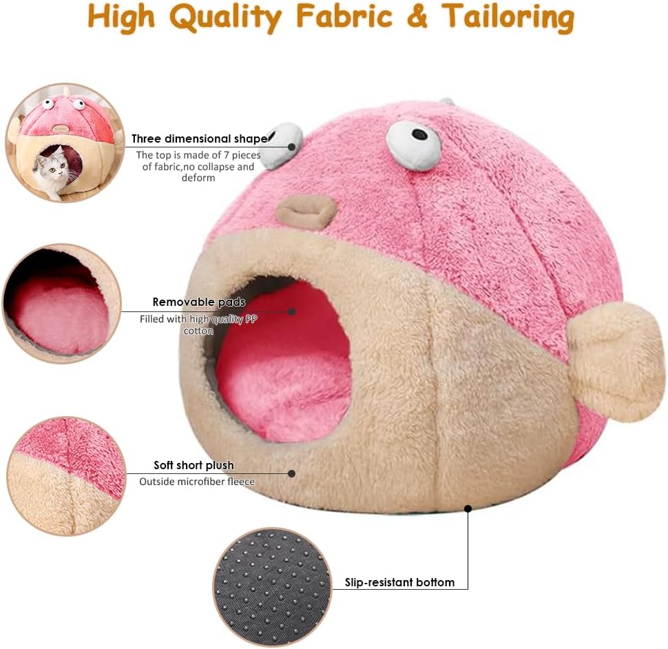 Cat Beds for Indoor Cats - Cat Bed Cave with Removable Washable Cushioned Pillow, Soft Plush Premium Cotton No Deformation Pet Bed, Lively Pufferfish Cat House Design, Pink, Multiple Sizes(M) - Pet Explorer